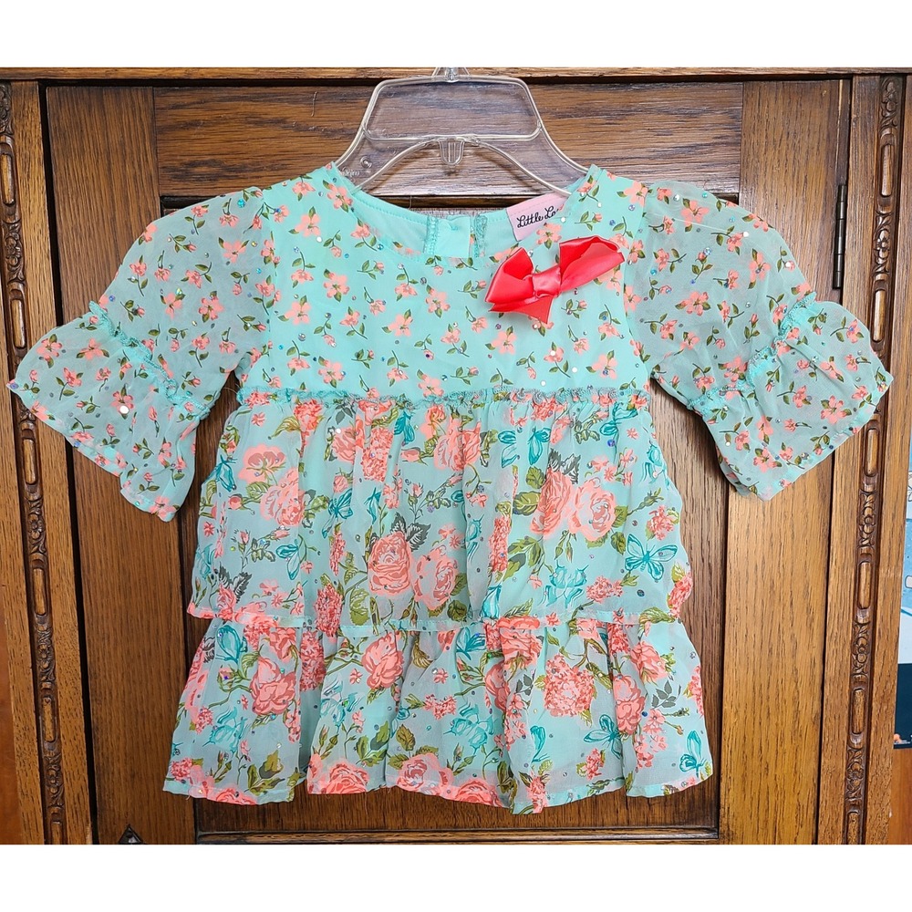 Little Lass Girls Mint Green Floral Sequin Tiered Tunic Top Size 3T Bow Accent
